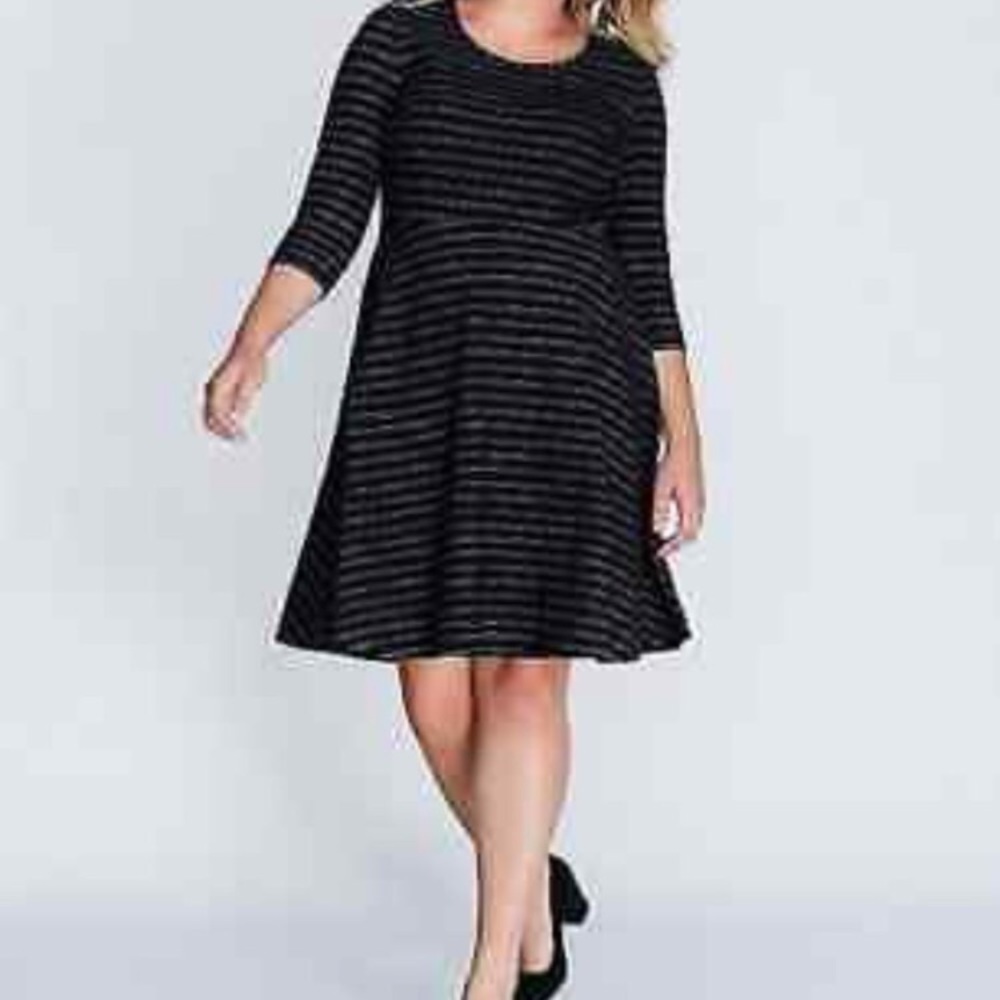 Lane Bryant Striped Fit-N-Flare Black & Gray Dress